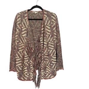 Lucky Brand Pink Multi-Color Boho Fringe Trim Opened Knit Cardigan Women Sz S
